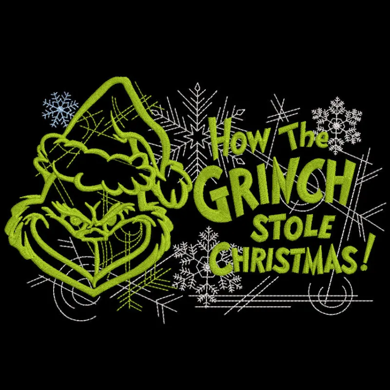 Grinch stole Christmas embroidery design featuring a whimsical depiction of the Grinch with festive elements.