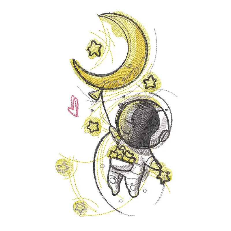 A detailed astronaut with stars embroidery design, showcasing vibrant colors and intricate stitching in a fantastic world th…