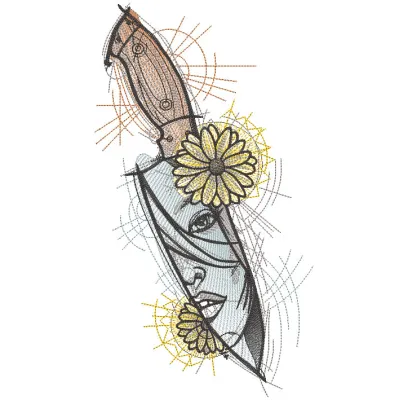 Intricate embroidery design featuring the reflection of a girl in a knife blade, showcasing artistic craftsmanship.