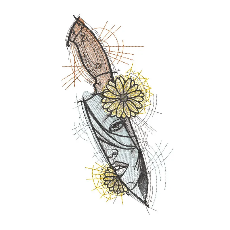 Intricate embroidery design featuring the reflection of a girl in a knife blade, showcasing artistic craftsmanship.