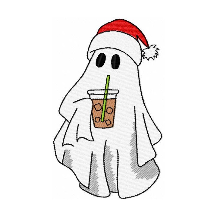 Christmas ghost with iced coffee embroidery design - Embroidery Design