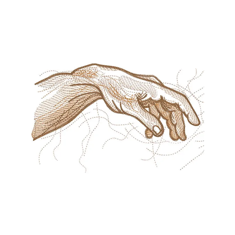 Embroidery design of The Creation of Adam, featuring intricate details and vibrant colors in an ornament style.