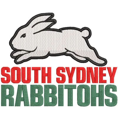South Sydney Rabbitohs logo embroidery design featuring the iconic green and red colors with a stylized rabbit.