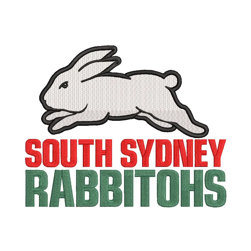 South Sydney Rabbitohs logo embroidery design featuring the iconic green and red colors with a stylized rabbit.