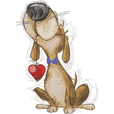 A loving dog with a heart embroidery design featured prominently on fabric, showcasing warmth and affection.