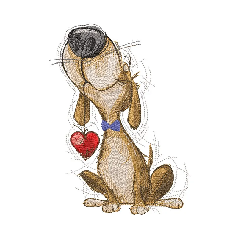 A loving dog with a heart embroidery design featured prominently on fabric, showcasing warmth and affection.
