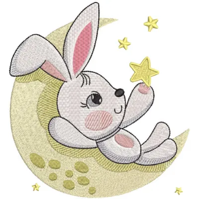 Whimsical Bunny Reaching for Stars Stitching Pattern