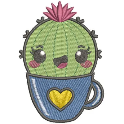 Cheerful Cactus with Heart Blooms Embroidery Art