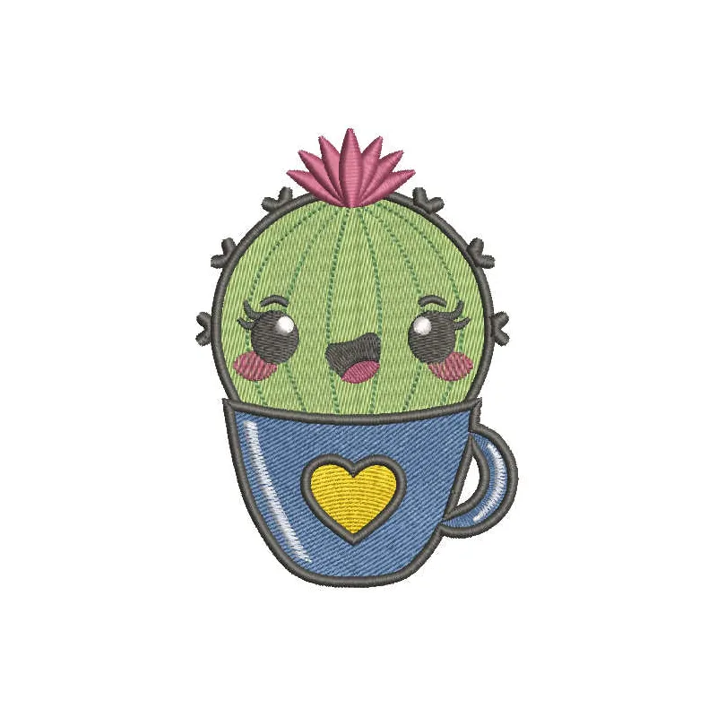 Cheerful Cactus with Heart Blooms Embroidery Art