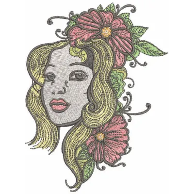 Floral Muse: Embroidered Woman Adorned with Blooms