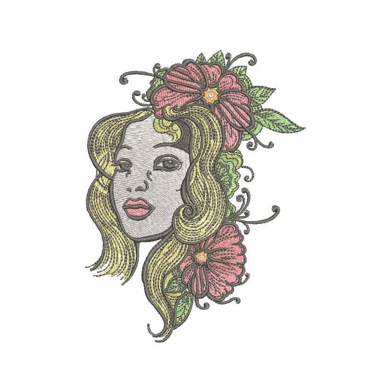 Floral Muse: Embroidered Woman Adorned with Blooms