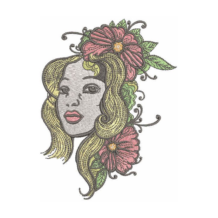 Woman with flowers in her hair embroidery design - Embroidery Design