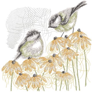 Sparrows on autumn flowers embroidery design - Embroidery Design