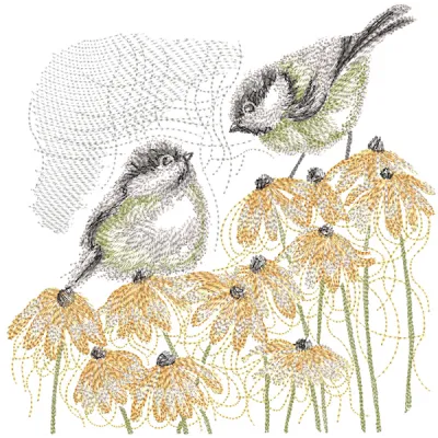 Sparrows on autumn flowers embroidery design featuring vibrant colors and intricate stitch patterns.