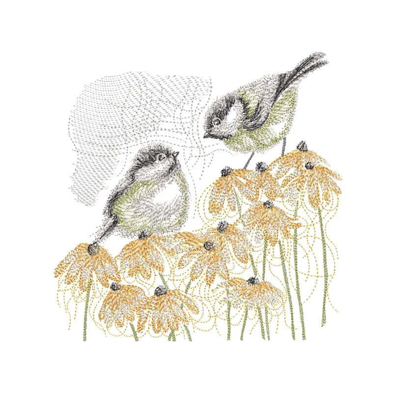 Sparrows on autumn flowers embroidery design featuring vibrant colors and intricate stitch patterns.