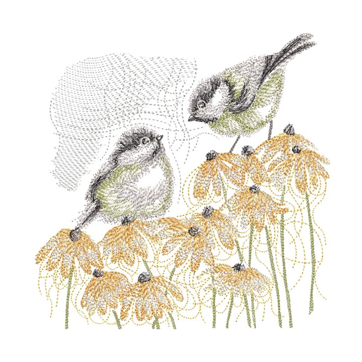 Sparrows on autumn flowers embroidery design - Embroidery Design