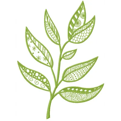 Green patterned branch embroidery design featuring intricate floral details on a light fabric background.