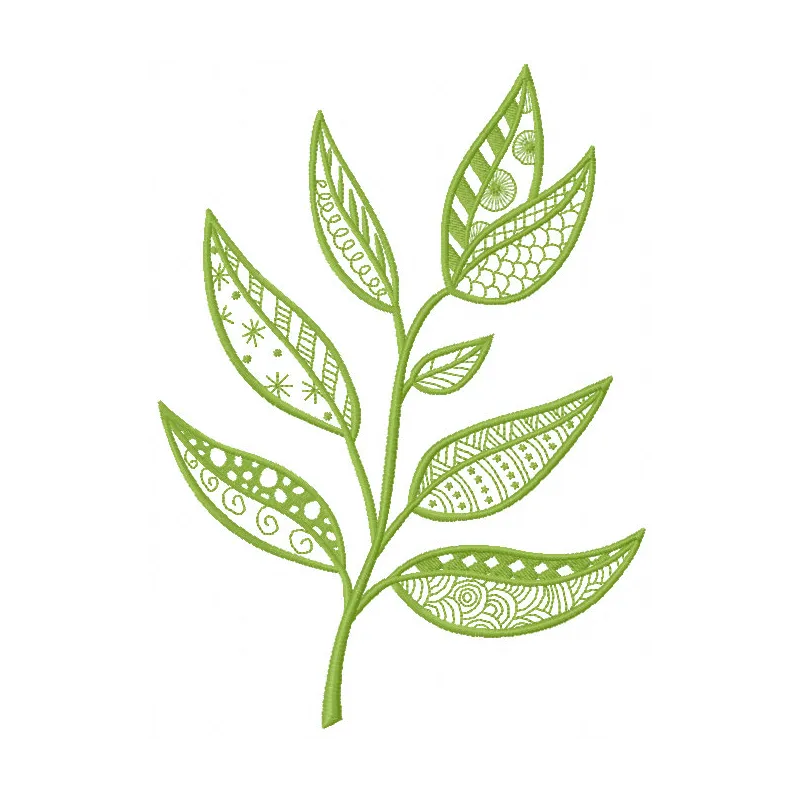 Green patterned branch embroidery design featuring intricate floral details on a light fabric background.