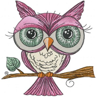 Pink owl on a branch embroidery design - Embroidery Design