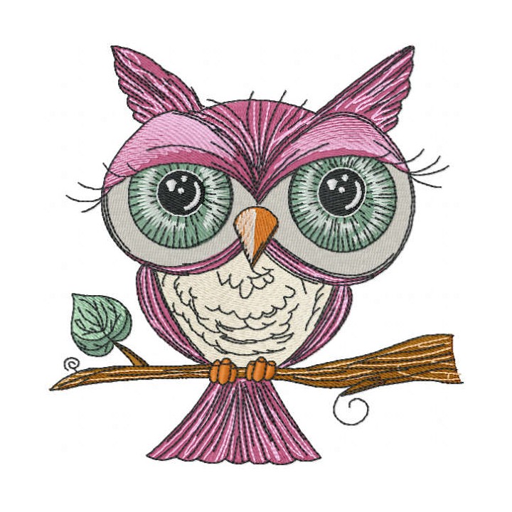 Pink owl on a branch embroidery design - Embroidery Design