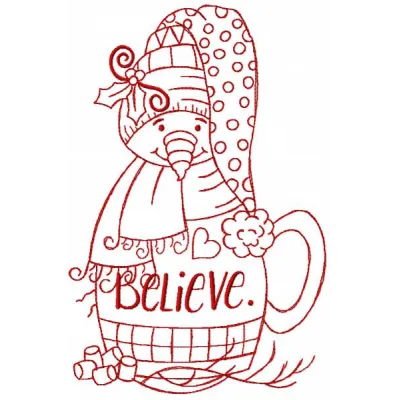 Vintage Snowman Believe Redwork Stitching Pattern