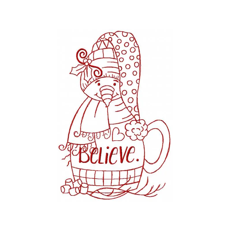 Vintage Snowman Believe Redwork Stitching Pattern