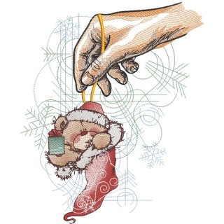 Hand holding Christmas sock with bear embroidery design - Embroidery Design