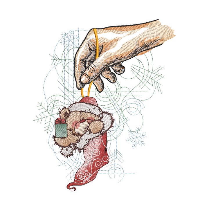 Hand holding Christmas sock with bear embroidery design - Embroidery Design