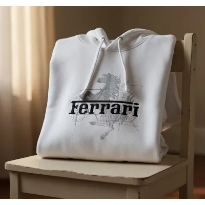 Closeup of the Ferrari modern logo embroidery design stitchout mockup showcasing detailed stitching and vibrant colors.