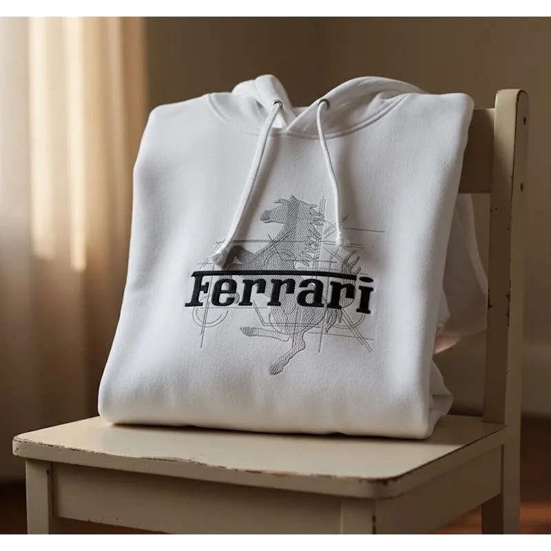 Closeup of the Ferrari modern logo embroidery design stitchout mockup showcasing detailed stitching and vibrant colors.