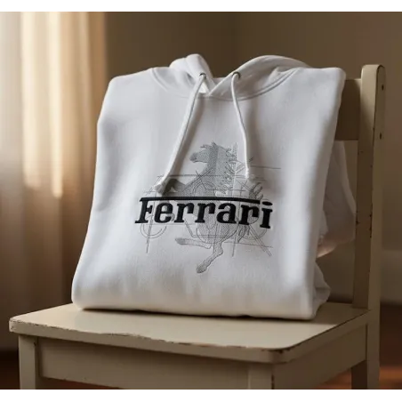 Closeup of the Ferrari modern logo embroidery design stitchout mockup showcasing detailed stitching and vibrant colors.