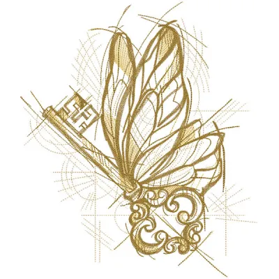 Gold Butterfly key embroidery design featuring intricate details and delicate wings, showcasing a beautiful butterfly motif.