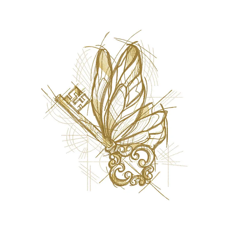 Gold Butterfly key embroidery design featuring intricate details and delicate wings, showcasing a beautiful butterfly motif.