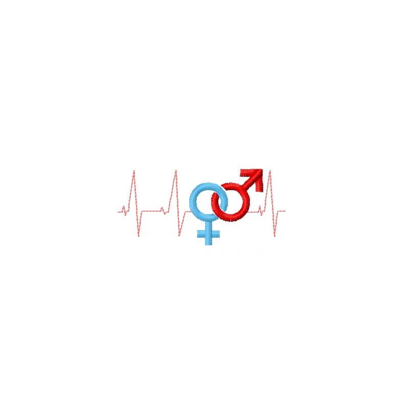 Cardiogram with male and female symbols, showcasing an embroidered design for logos.