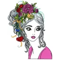 Embroidery design of a girl with flowers in her hair, showcasing intricate stitching and vibrant colors.