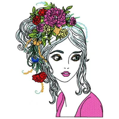 Embroidery design of a girl with flowers in her hair, showcasing intricate stitching and vibrant colors.
