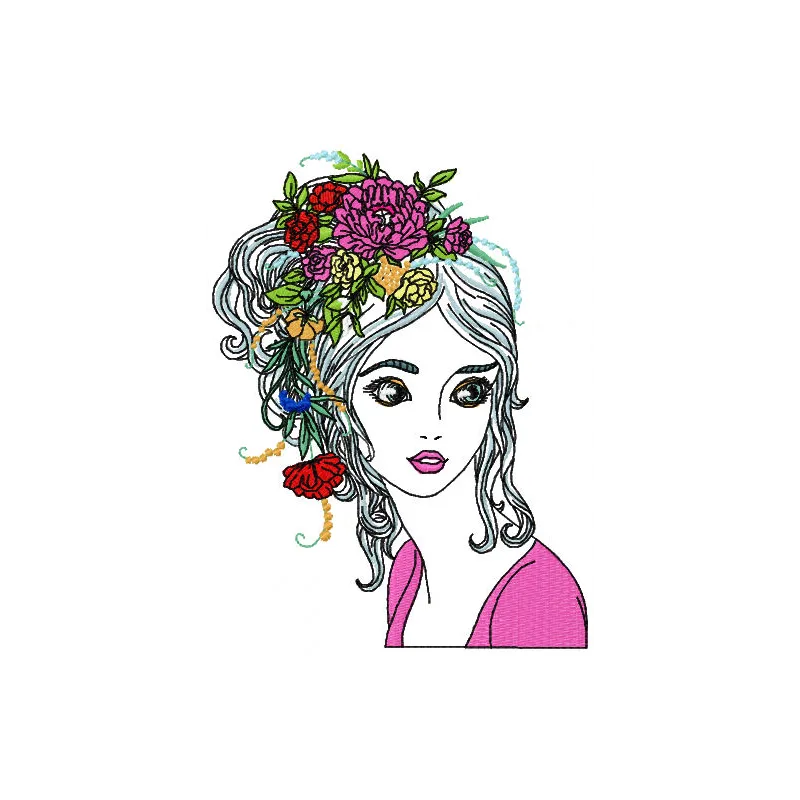 Embroidery design of a girl with flowers in her hair, showcasing intricate stitching and vibrant colors.