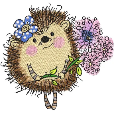 Hedgehog with bouquet lilac flowers embroidery design