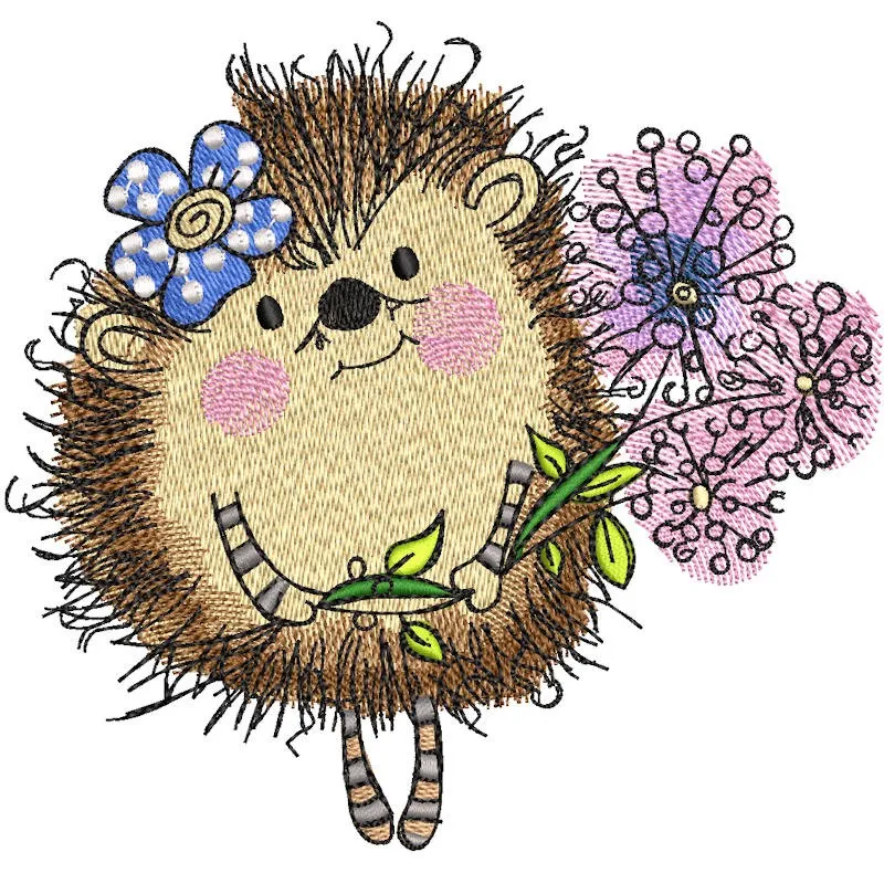 Hedgehog with bouquet lilac flowers embroidery design