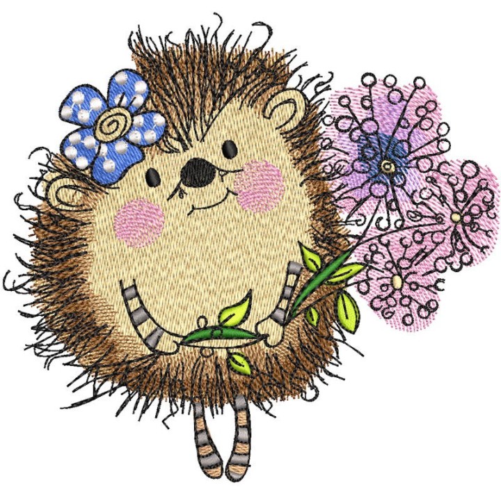 Hedgehog with bouquet lilac flowers embroidery design