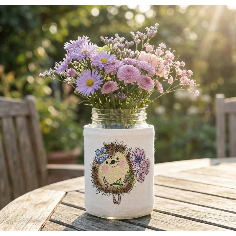 Jar soft cover with Hedgehog with bouquet lilac flowers embroidery design