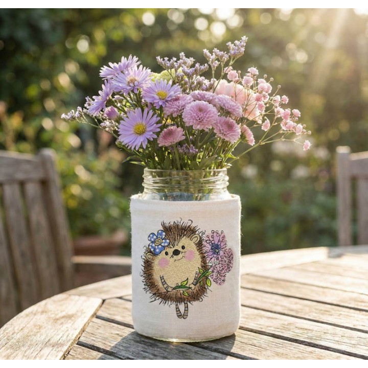Jar soft cover with Hedgehog with bouquet lilac flowers embroidery design