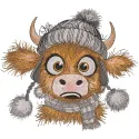 Cute Baby Highland Cow embroidery design featuring fluffy fur and expressive eyes, perfect for farm animal lovers.