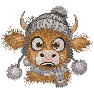 Cute Baby Highland Cow embroidery design featuring fluffy fur and expressive eyes, perfect for farm animal lovers.