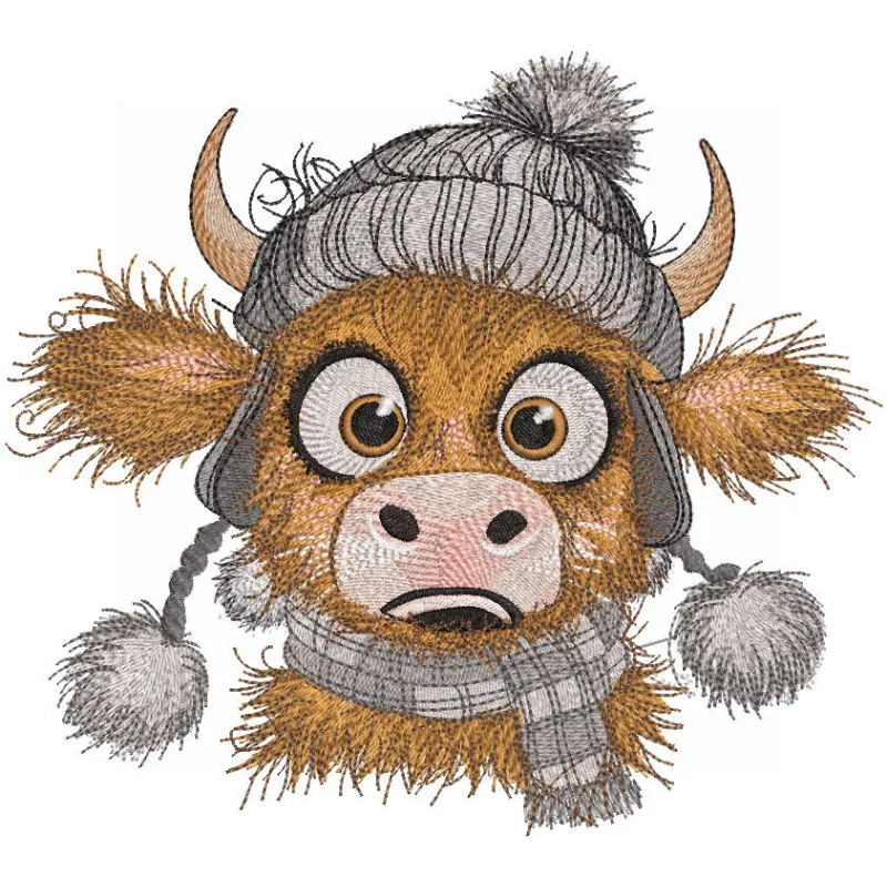 Cute Baby Highland Cow embroidery design featuring fluffy fur and expressive eyes, perfect for farm animal lovers.