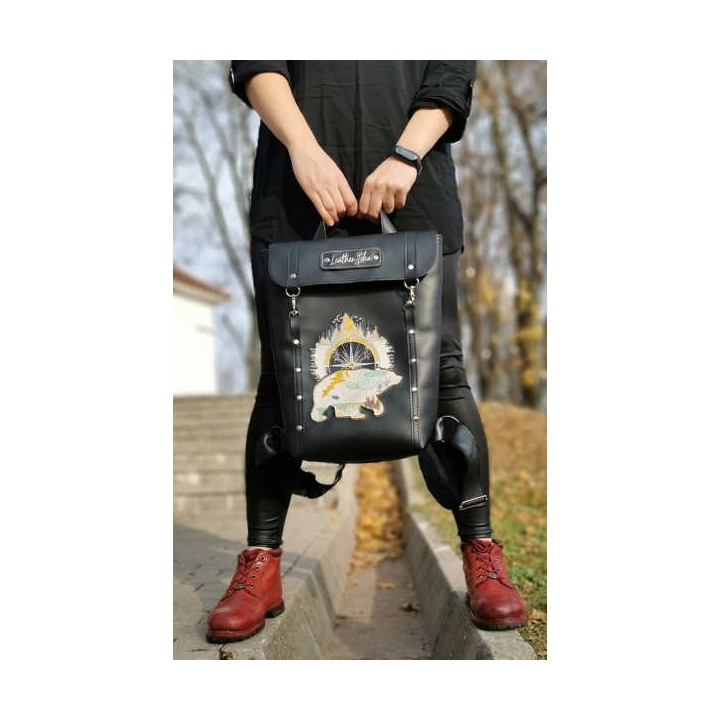 Backpack with wild bear embroidery design