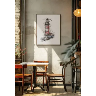 Intricate lighthouse sketch art embroidery design featuring nautical elements, showcasing fine stitching details.