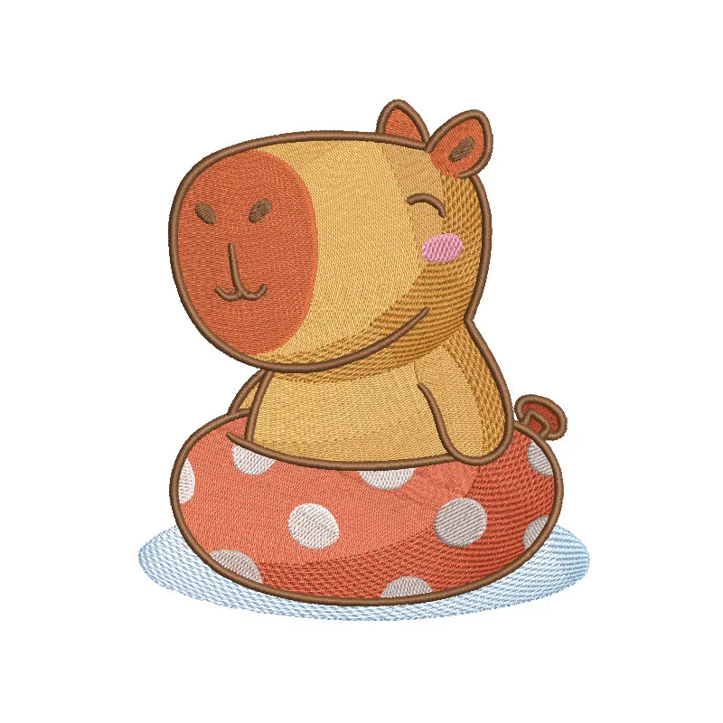 Capybara inflatable ring embroidery design featuring a cute capybara surrounded by water elements.