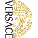 Close-up of Versace gold and black logo embroidery design on a stylish fabric, showcasing intricate detailing.