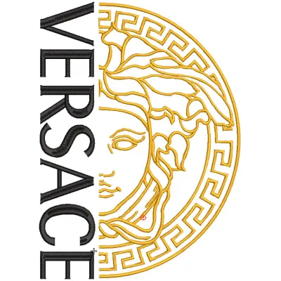 Close-up of Versace gold and black logo embroidery design on a stylish fabric, showcasing intricate detailing.